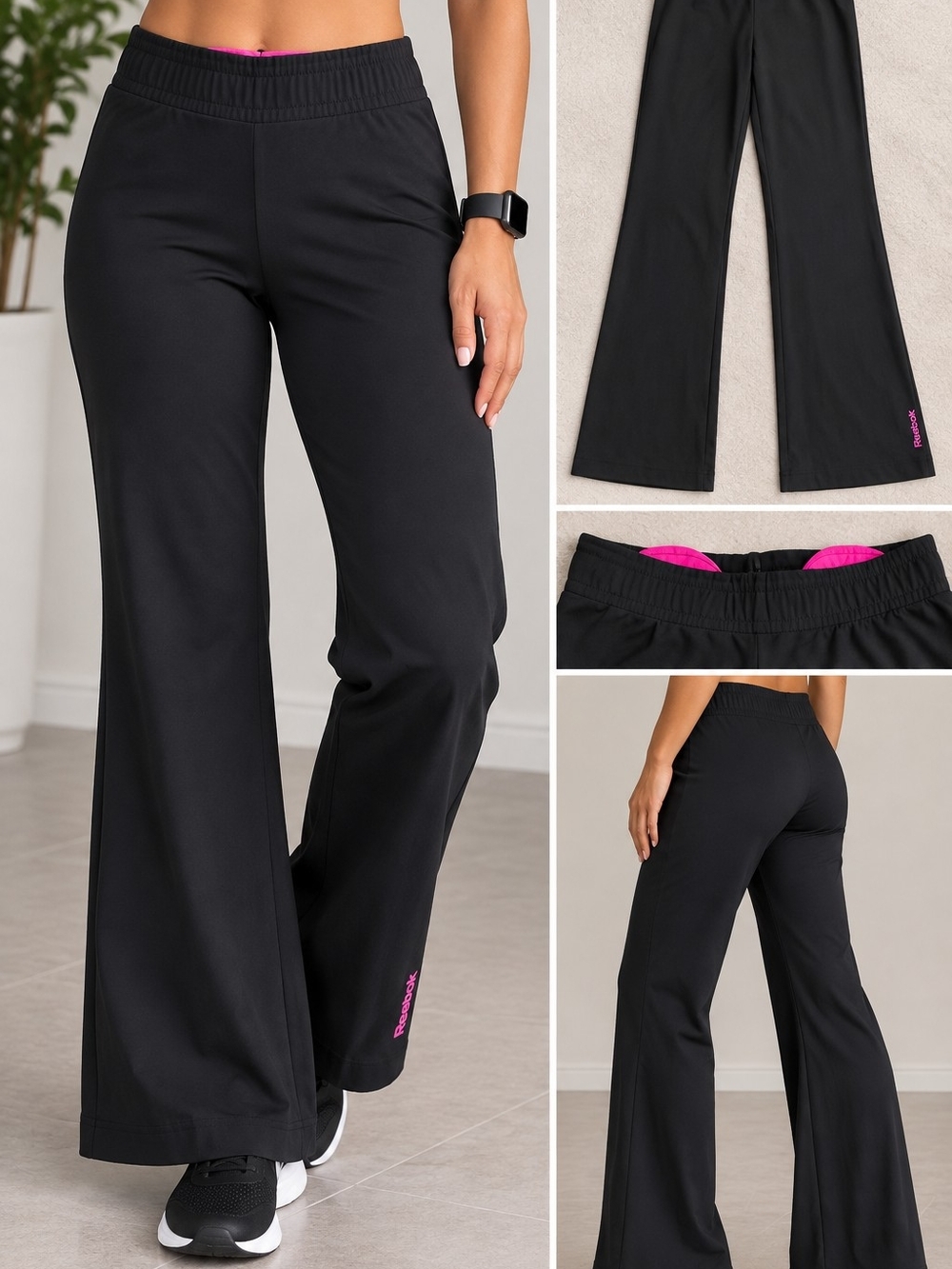 Reebok Black Wide-Leg Track Pants with Pink Waistband Accent